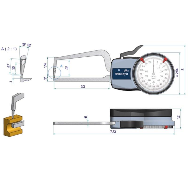 Mit 209 IP67 Outside Dial Caliper Gauge Carbide Ball 0-0.8